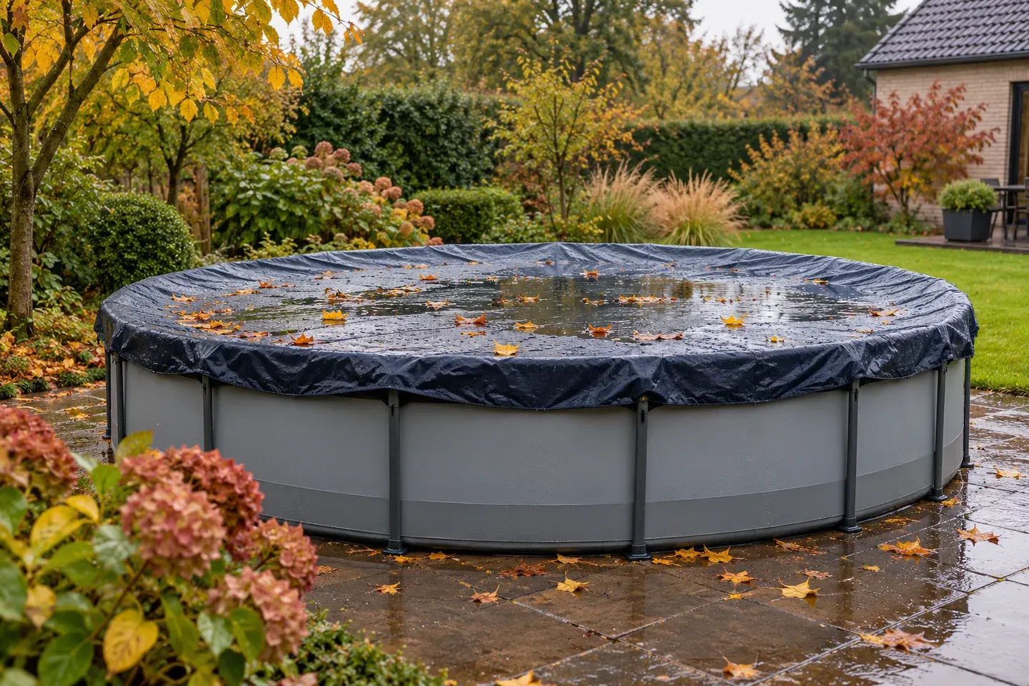 Rond opzetzwembad met een donker afdekzeil, wat regenwater en herfstbladeren in een groene tuin. AI-sfeerbeeld.