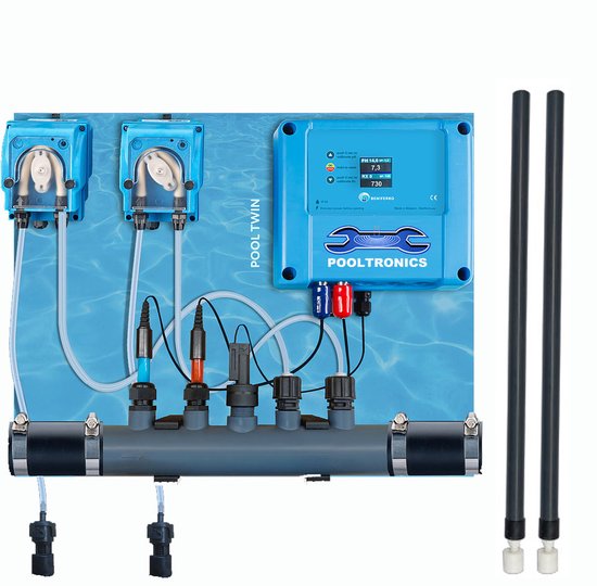 Pooltronics pH/chloordosering — display, flow en level